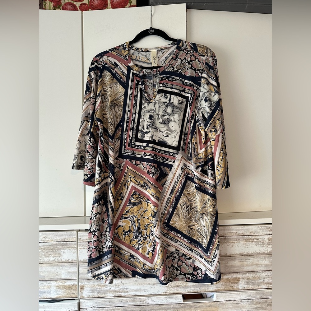 🖤 Crépas M Boho Medallion Print Tunic Top Bell Sleeve Stretch Made in USA